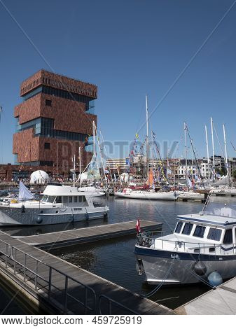 Antwerp, Belgium, July 24, 2022, Decorated Boats In The Willemdok Near The Mas Museum During The Tal