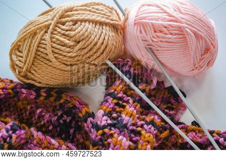 Work In Progress With Wool Balls And Needle. Knitting, Djy, Relax Hobby