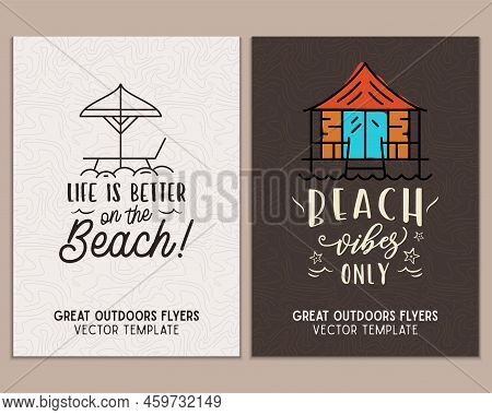 Camping Flyer Templates. Travel Adventure Posters Set With Line Art And Flat Emblems And Quotes - Be