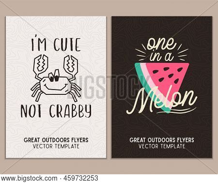 Camping Flyer Templates. Travel Adventure Posters Set With Line Art And Flat Emblems And Quotes - On