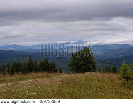 Majestic Landscape Of Summer Mountains. View Of Hills In Mist. Carpathians. Amaizing View On The Mou