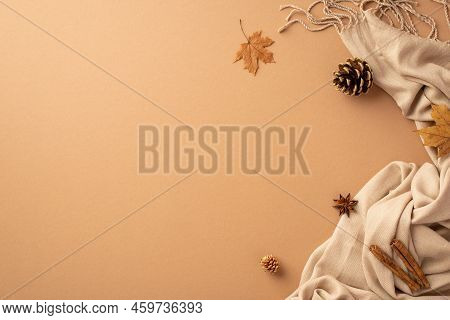 Autumn Aesthetic Concept. Top View Photo Of Yellow Maple Leaves Cinnamon Sticks Anise Pine Cones And