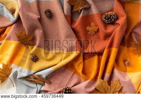 Autumn Aesthetic Concept. Top View Photo Of Cinnamon Sticks Anise Fallen Maple Leaves And Pine Cones