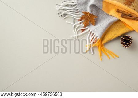 Autumn Aesthetic Concept. Top View Photo Of Plaid Scarf Cinnamon Sticks Yellow Maple Leaf And Pine C