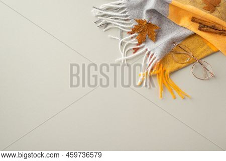 Autumn Aesthetic Concept. Top View Photo Of Plaid Scarf Cinnamon Sticks Yellow Maple Leaves And Styl