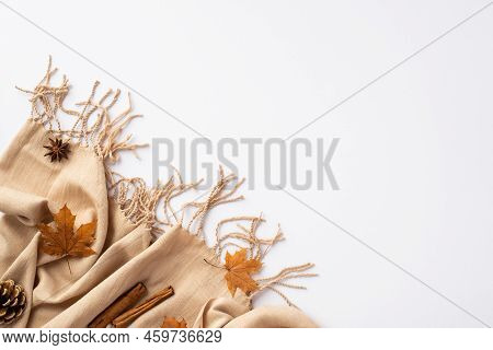 Autumn Inspiration Concept. Top View Photo Of Cinnamon Sticks Yellow Maple Leaves Anise Pine Cone An