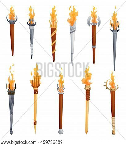 Medieval Torches With Burning Fire Set. Ancient Realistic Metal And Wooden Torches Differents Shapes
