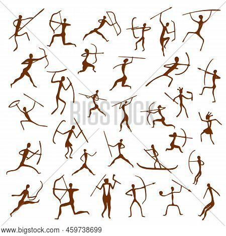 Caveman Painting On Rock. Primitive Ancient Drawing Of Tribal Human With Weapon. Vector Prehistoric 