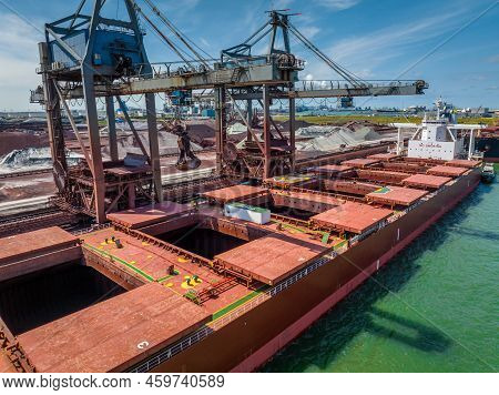 Unloading Of A Bulk Carrier Ship At Port