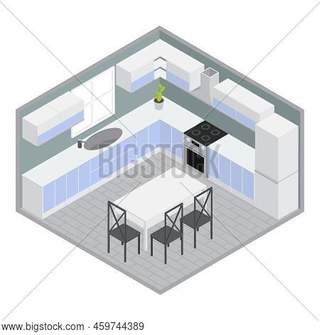 Isometric Home Dining Room With White Blue Cupboards And Cabinets Table Chairs Grey Walls Plant Vect
