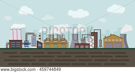 Factory Industry, Urban Landscape With Plant. Manufacture Building Panorama, Warehouse Facility Zone