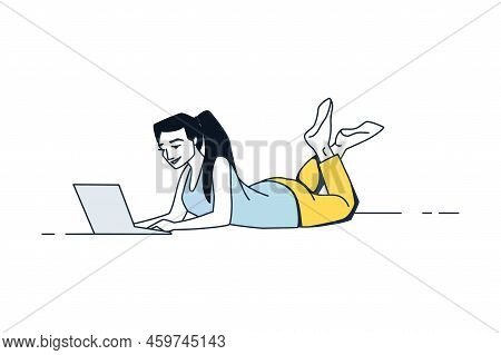 Woman With Laptop. People Working At Home, Freelance Female Character In Comfortable Conditions. Gir