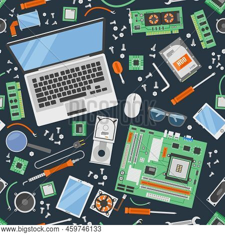 Computer Service Background Seamless Pattern With Tools And Equipments For Computers Repair Vector I