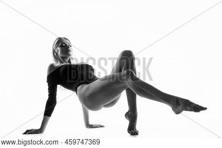 Sexy Woman Isolated On White. Lady With Straight Slim Body. Female Beauty Care. Smooth Legs Skin. Co