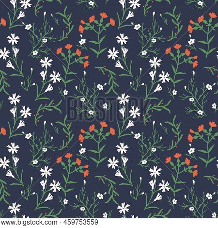 Seamless Floral Pattern With Red And White Simple Flowers
