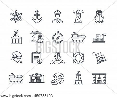 Seaport Line Icon Set. Yacht, Steering Wheel, Captain, Lighthouse And Compass. Global Logistics And 