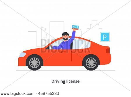 Education Process In Driving School. Bearded Man Gets Driver License Or Certificate And Drives Car A