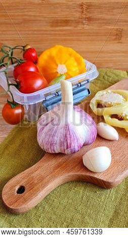Fresh Tasty Colorful Vegetables As Yellow Pattison, Paprika, Onion, Garlic, Cherry Tomatoes For Cook