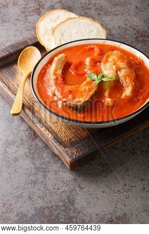 Traditional Hungarian Fish Soup Halaszle Is Bright Red And Is Traditionally Prepared With Carp Close