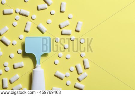 Titanium Dioxide, E171, Dangerous Additive Concept. Gum, Pills, Toothpaste Or Cream And Sign With Sp