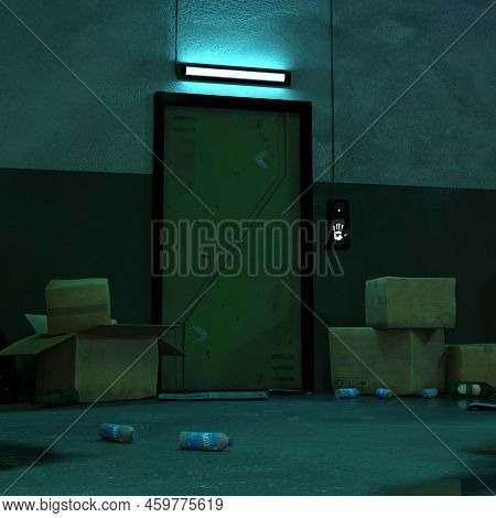 3d-illustration Of An Empty And Scary Futuristic Hallway