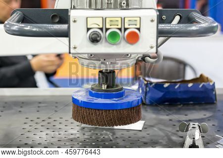 Close Up Sanding Paper Flap Wheel Or Abrasive Disc Of Deburring Polishing Buffing Machine For Dust O