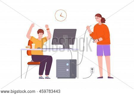 Trouble Game Addiction. Video Game Addiction Adolescent, Angry Mom Cuts Computer Wire, Worried Paren