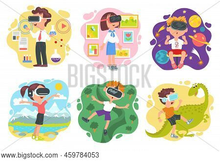 Children With Vr Glasses. Kids Digital Education And Entertainment. Virtual Game Or Training. Electr