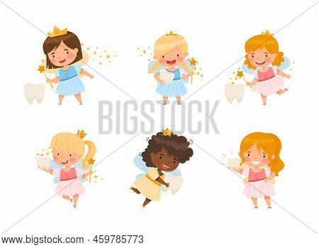 Cute Little Tooth Fairy With Baby Teeth And Wand Vector Set