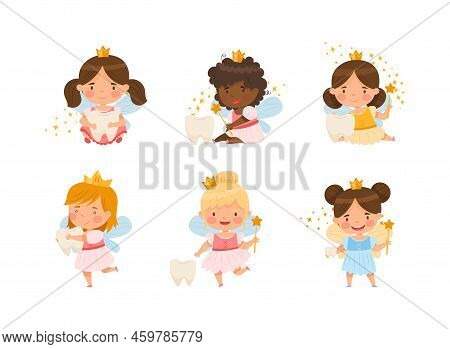 Cute Little Tooth Fairy With Baby Teeth And Wand Vector Set