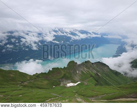 Lake Brienz On A Rainy Summer Day. View From Mount Brienzer Rothorn.