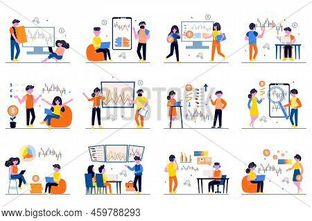 Stock Market Concept With Tiny People Scenes Set In Flat Design. Bundle Of Men And Women Analyzing D