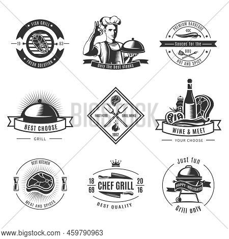 Bbq Vintage Label Set With Fish Grill Fresh Solutions Only Best Steaks And Ext Descriptions Vector I