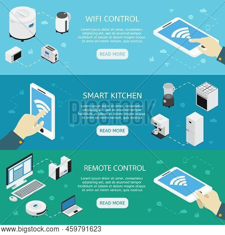 Three Horizontal Home Appliances Isometrics Banner Set With Wifi Control Smart Kitchen Remote Contro