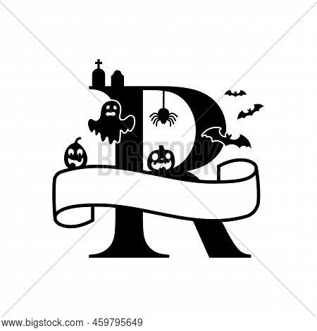 Cute Halloween Letter R Split Monogram. Cartoon Ghost, Pumpkin, Bat For Kids T-shirt, Nursery Decora
