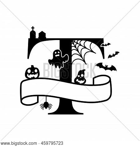 Cute Halloween Letter T Split Monogram. Cartoon Ghost, Pumpkin, Bat For Kids T-shirt, Nursery Decora