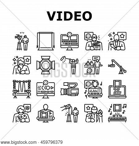 Video Production Film Studio Icons Set Vector. Movie Camera, Media Studio, Digital Profession Tv, Te