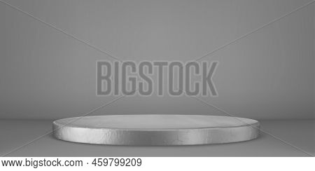 Silver Round Platform, Metal Podium With Shiny Rough Surface. Empty Steel Circular Plate, Stand For 