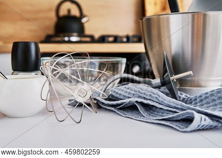 Silver Food Processor In Kitchen Interior, Kitchen Electric Mixer On Table, Modern Kitchen Appliance