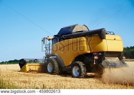 Combine Harvester Collecting Golden Wheat Field, Harvesting Machine Working At Agricultural Field, H