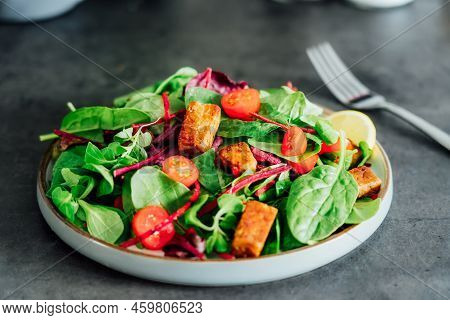Healthy Salad With Roasted Tempeh, Fresh Cherry Tomatos, Beetroot Straws, Spinash And Lettuce Leaves