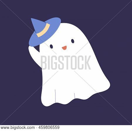 Cute Halloween Ghost In Witch Hat, Greeting Smb. Funny Spooky Phantom, Baby Character Smiling, Welco
