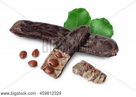 Ripe Carob Pods And Bean Isolated On White Background With Full Depth Of Field