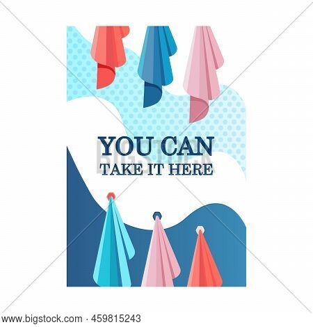 Colorful Poster Bath Towels. Vivid Flowing Background And Rolled Or Hanged Towels. Spa And Relaxatio