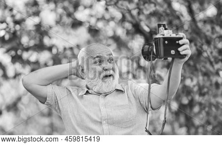Everyone Photogenic. Senior Man Taking Selfie Photo Vintage Camera. Self Portrait. Memories In Snap.