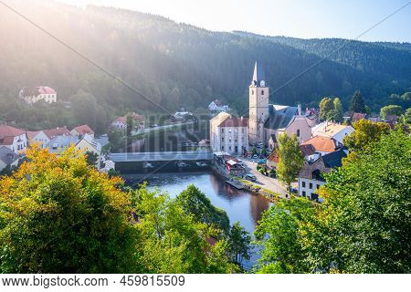 Rozmberk Town Panorama With Church Of St. Nicholas, Rozmberk Nad Vltavou, Czech Republic