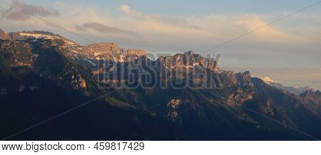 Sunset Scene In The Bernese Oberland. Mountains Near Interlaken At Sunset. Mount Roteflue And Louche