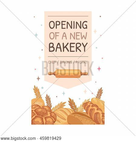 Card With Pastry. Loaves Of Bread, Muffins, Birthday Cupcakes Vector Illustration With Text, Time, D