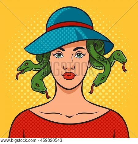 Young Beauty Woman With Snakes From Under The Hat As Medusa Gorgo Pop Art Retro Raster Illustration.