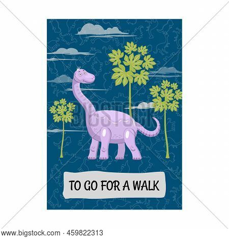 Bright Brochure Designs With Cute Brantosaurus Dino. Colored Smiling Dinosaurs On Blue Background. C